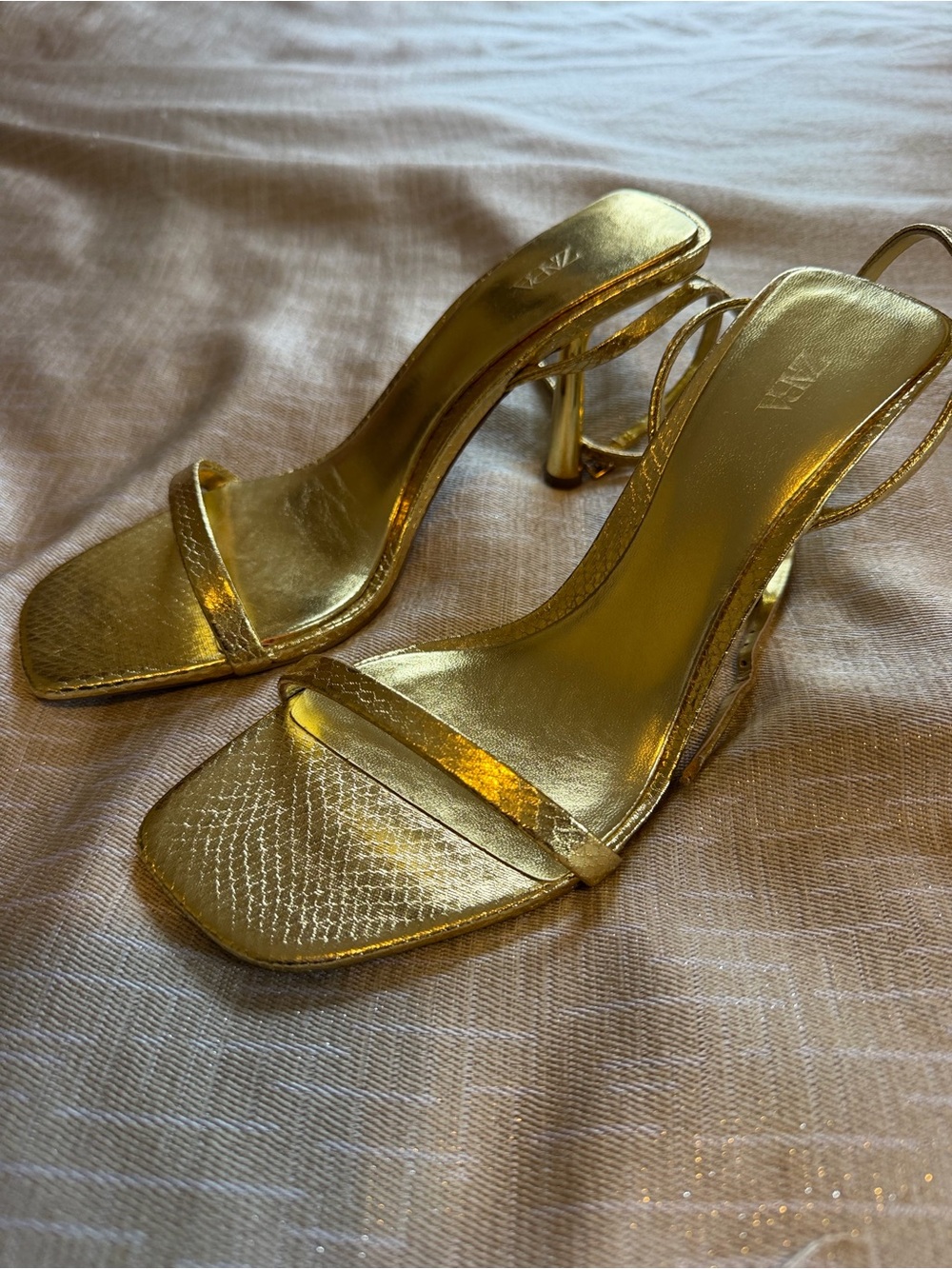 Zara Metallic Gold Square-Toe Strappy Heels - Picture 2 of 4
